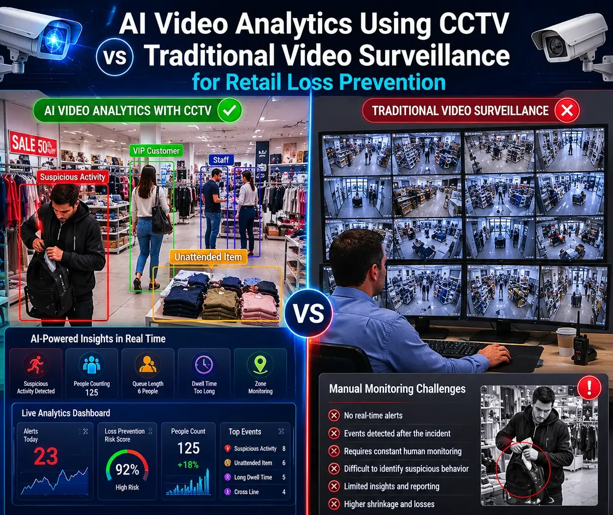 Compare AI Video Analytics Using CCTV vs Traditional Video Surveillance for Retail Loss Prevention