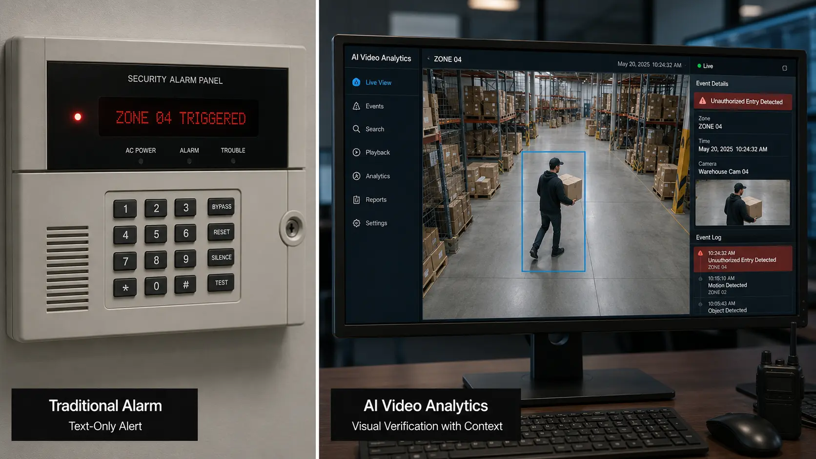 Compare AI Video Analytics Using CCTV vs Conventional Alarm-Based Security Systems
